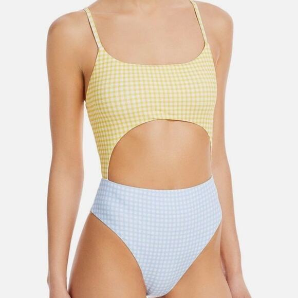 Aqua Swim Yellow Checkered Color Blocked Cut Out One Piece Swimsuit Sz S NWT - Picture 1 of 12